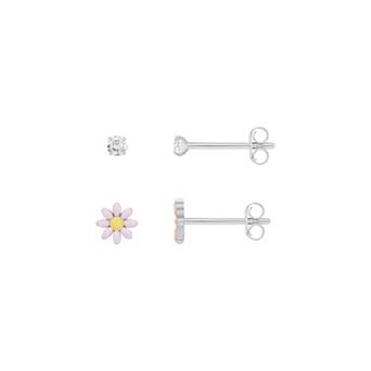 PRIMROSE Silver Tone Cubic Zirconia & Enamel Daisy Flower Stud Earrings Duo Set
