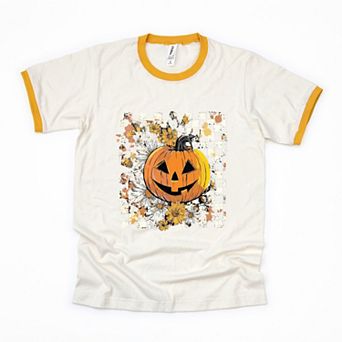 Carved Pumpkin Checkered Floral - Womens Ringer Tee