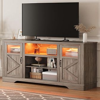 Farmhouse TV Stand with LED Lights, Storage Cabinets and Open Shelves, for 55/60/65 Inch TVs