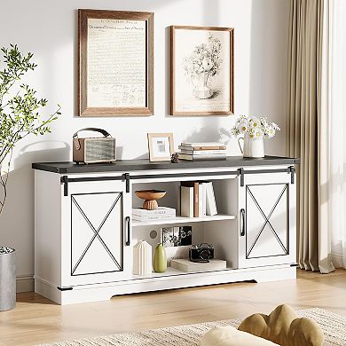 Farmhouse TV Stand with Sliding Barn Doors and Adjustable Shelf for TVs up to 65 Inch, White
