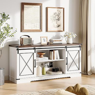 Farmhouse TV Stand with Sliding Barn Doors and Adjustable Shelf for TVs up to 65 Inch, White