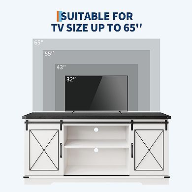 Farmhouse TV Stand with Sliding Barn Doors and Adjustable Shelf for TVs up to 65 Inch, White