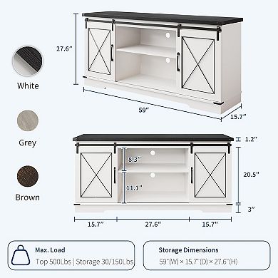 Farmhouse TV Stand with Sliding Barn Doors and Adjustable Shelf for TVs up to 65 Inch, White