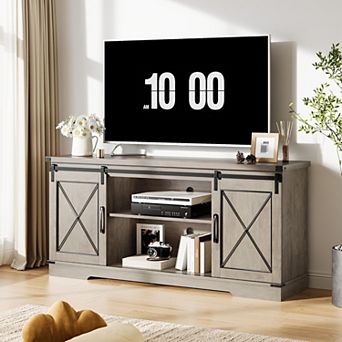 Farmhouse TV Stand with Sliding Barn Doors and Adjustable Shelf for TVs up to 65 Inch, White