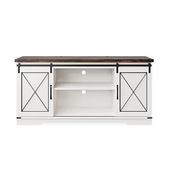 Farmhouse TV Stand with Sliding Barn Doors and Adjustable Shelf for TVs up to 65 Inch, White