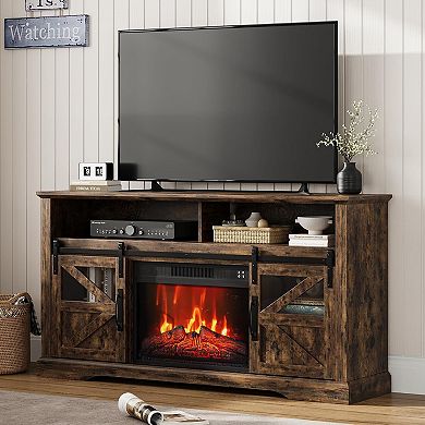 Electric Fireplace TV Stand for 65 Inch TV with Storage Cabinets and Sliding Barn Doors, Brown