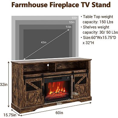 Electric Fireplace TV Stand for 65 Inch TV with Storage Cabinets and Sliding Barn Doors, Brown