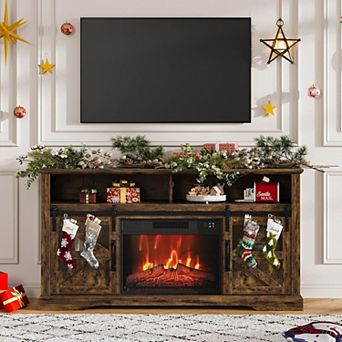 Electric Fireplace TV Stand for 65 Inch TV with Storage Cabinets and Sliding Barn Doors, Brown