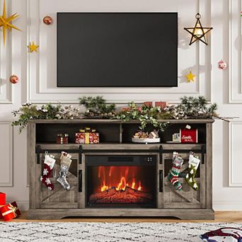 Electric Fireplace TV Stand for 65 Inch TV with Storage Cabinets and Sliding Barn Doors, Brown