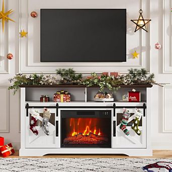 Electric Fireplace TV Stand for 65 Inch TV with Storage Cabinets and Sliding Barn Doors, Brown