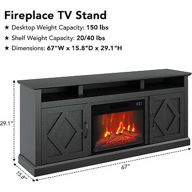 67 Inch Electric Fireplace TV Stand with Adjustable LED Flames & Remote, Black