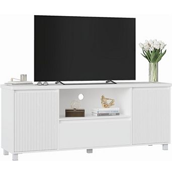 Fluted TV Stand for 65 Inch TV, Storage Drawer and Open Shelf, Modern, White