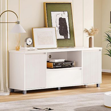 Fluted TV Stand for 65 Inch TV, Storage Drawer and Open Shelf, Modern, White
