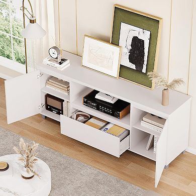 Fluted TV Stand for 65 Inch TV, Storage Drawer and Open Shelf, Modern, White