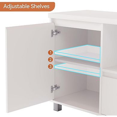 Fluted TV Stand for 65 Inch TV, Storage Drawer and Open Shelf, Modern, White