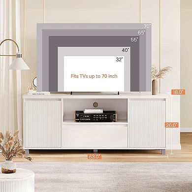 Fluted TV Stand for 65 Inch TV, Storage Drawer and Open Shelf, Modern, White