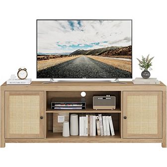 65 Inch Rattan TV Stand with 2 tier Storage, Wooden Media Console for Living Room