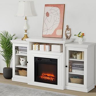 Farmhouse Fireplace TV Stand with 3D Real Flame for 65/75 Inch TVs, Glass Doors, White
