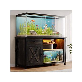 70 Inch Farmhouse TV Stand with Power Outlets, LED Lights, Drawers & Storage, Black