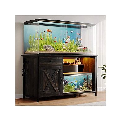 70 Inch Farmhouse TV Stand with Power Outlets, LED Lights, Drawers & Storage, Black