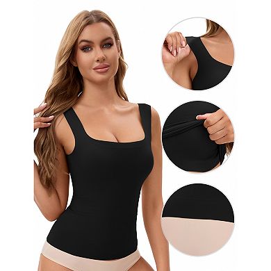 3 Packs Women's U Back Tanks with Built-In Bra Silky No Show Basic Tops