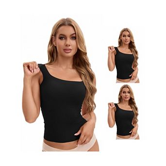 3 Packs Women's U Back Tanks with Built-In Bra Silky No Show Basic Tops