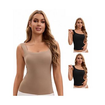 3 Packs Women's U Back Tanks with Built-In Bra Silky No Show Basic Tops