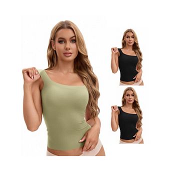 3 Packs Women's U Back Tanks with Built-In Bra Silky No Show Basic Tops