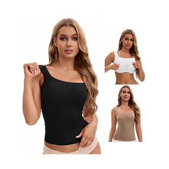 3 Packs Women's U Back Tanks with Built-In Bra Silky No Show Basic Tops