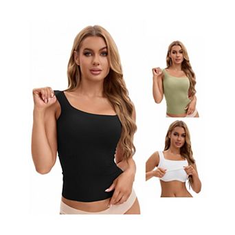 3 Packs Women's U Back Tanks with Built-In Bra Silky No Show Basic Tops