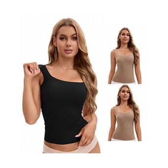 3 Packs Women's U Back Tanks with Built-In Bra Silky No Show Basic Tops