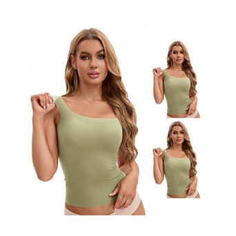 3 Packs Women's U Back Tanks with Built-In Bra Silky No Show Basic Tops