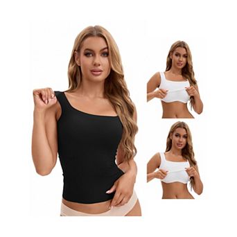 3 Packs Women's U Back Tanks with Built-In Bra Silky No Show Basic Tops