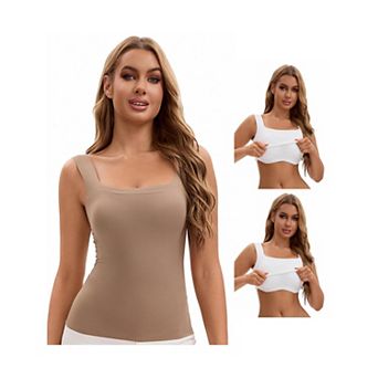 3 Packs Women's U Back Tanks with Built-In Bra Silky No Show Basic Tops