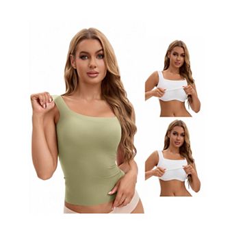 3 Packs Women's U Back Tanks with Built-In Bra Silky No Show Basic Tops