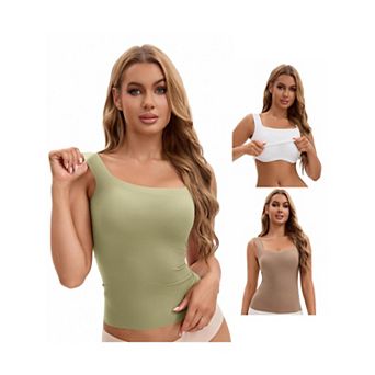3 Packs Women's U Back Tanks with Built-In Bra Silky No Show Basic Tops