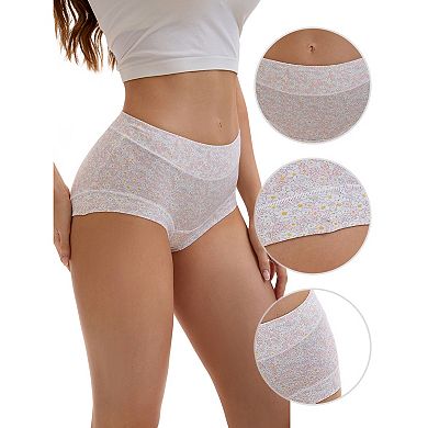 3 Packs Women's Cotton Floral Printed Underwear High Waisted Full Coverage Tummy Control Briefs