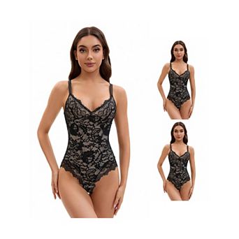 3 Packs Women's V-Neck Shapewear Jumpsuit Tummy Control Sleeveless Floral Lace Leotard Bodysuits