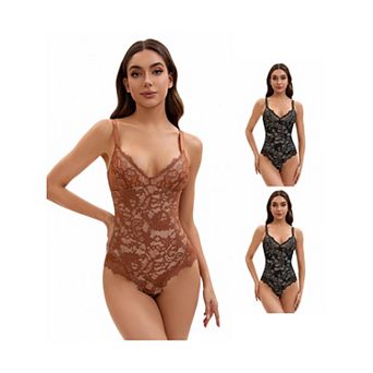 3 Packs Women's V-Neck Shapewear Jumpsuit Tummy Control Sleeveless Floral Lace Leotard Bodysuits