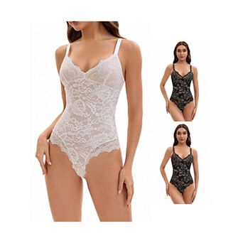 3 Packs Women's V-Neck Shapewear Jumpsuit Tummy Control Sleeveless Floral Lace Leotard Bodysuits