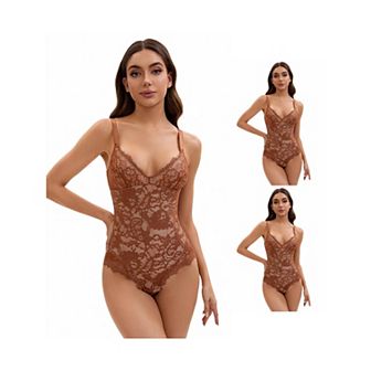 3 Packs Women's V-Neck Shapewear Jumpsuit Tummy Control Sleeveless Floral Lace Leotard Bodysuits