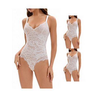 3 Packs Women's V-Neck Shapewear Jumpsuit Tummy Control Sleeveless Floral Lace Leotard Bodysuits