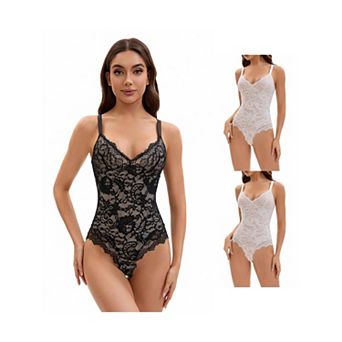 3 Packs Women's V-Neck Shapewear Jumpsuit Tummy Control Sleeveless Floral Lace Leotard Bodysuits