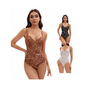 3 Packs Women's V-Neck Shapewear Jumpsuit Tummy Control Sleeveless Floral Lace Leotard Bodysuits