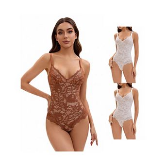 3 Packs Women's V-Neck Shapewear Jumpsuit Tummy Control Sleeveless Floral Lace Leotard Bodysuits