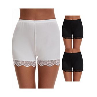 3 Packs Women's Lace Trim Ice Silk Mid-Waister Loose Slip Shorts Light and Breathable Boyshorts