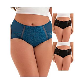 3 Packs Plus Size for Women's Lace Trim High Rise Solid Briefs Full Coverage Underwear