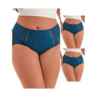 3 Packs Plus Size for Women's Lace Trim High Rise Solid Briefs Full Coverage Underwear