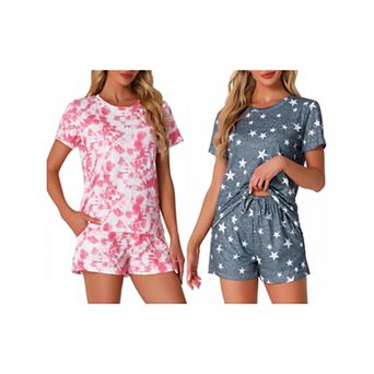 2 Sets Women's Pajama Sets 2 pc Lounge Set Short Sleeve Top and Shorts Soft Cozy Loungewear Sets