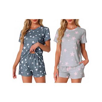 2 Sets Women's Pajama Sets 2 pc Lounge Set Short Sleeve Top and Shorts Soft Cozy Loungewear Sets